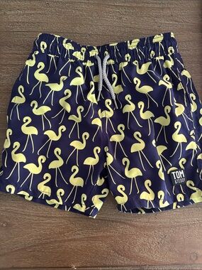 Tom & Teddy Navy Swim Shorts with Yellow Flamingo Print